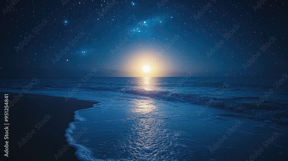 Poster a quiet beach at dusk with stars twinkling above the ocean, creating a serene and reflective atmosph