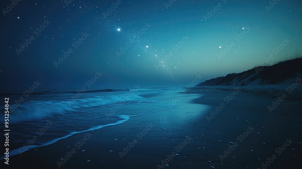 Poster a quiet beach at dusk with stars twinkling above the ocean, creating a serene and reflective atmosph