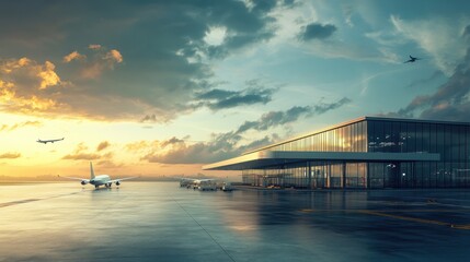A quaint airport terminal building with a few planes nearby, showcasing a calm and serene travel experience. Plenty of space for text.