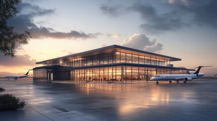 Obraz premium A quaint airport terminal building with a few planes nearby, showcasing a calm and serene travel experience. Plenty of space for text.