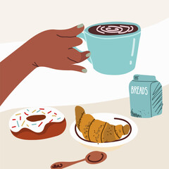 A hand holds a cup of coffee, a glass of tea, a carton of milk, cream, a donut, a croissant on a plate, with a spoon. Hand drawing vector illustration.
