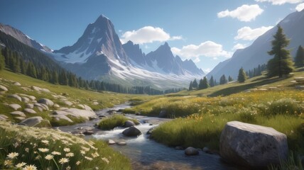 A serene mountain landscape with a river, lush greenery, and distant peaks under a clear sky.