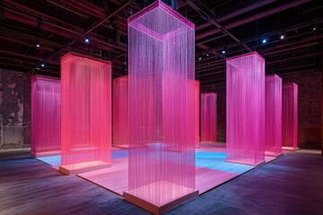 Pink String Curtain Installation in a Modern Industrial Space