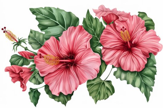 pink hibiscus flowers with green leaves clip art preview