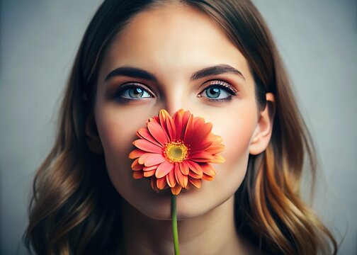 A human with a flower emerging from their nose, vibrant petals unfurling against a serene backdrop, a whimsical fusion of nature and form.