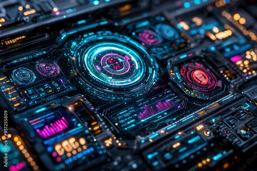 Poster futuristic interface with glowing digital displays and buttons