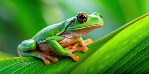 Obraz premium Vibrant green tree frog perched on a leaf , wildlife, amphibian, nature, tree frog, green, vibrant, colorful, tropical