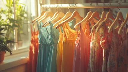 A rack of summer clothes, including tank tops, shorts, and flowy dresses, set against a sunny window, creating a bright and inviting fashion scene with space for copy.