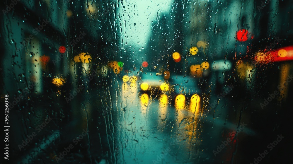 Poster a rainy window with a rain overlay, capturing the textured and distorted view of the outside world w
