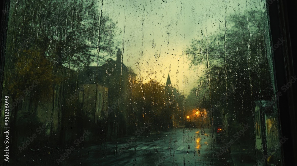 Poster a rainy window with a rain overlay, capturing the textured and distorted view of the outside world w