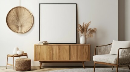 Obraz premium A Scandinavian-boho living room with a minimalist cabinet and a blank frame on the wall, capturing the essence of modern design.