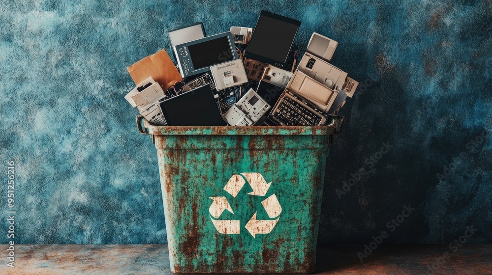 Poster a recycling bin filled with outdated electronic devices, emphasizing the importance of proper dispos