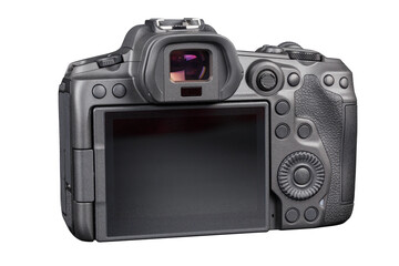 black 2020s professional 35mm full-frame mirrorless camera body with flip screen isolated on white background, rear view