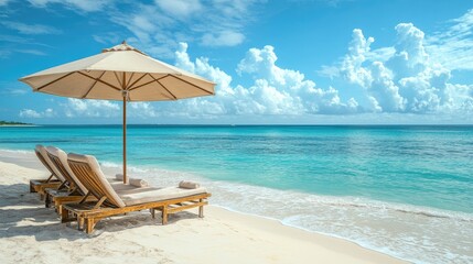 Fototapeta premium A relaxing beach backdrop with lounge chairs and a beach umbrella, set against a calm ocean. Clear copy space.