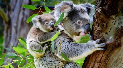 Fototapeta premium A mother koala is hanging her young from a tree branch
