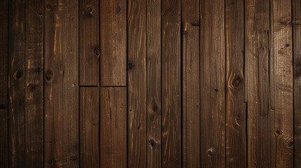 Naklejka premium Fond de planche de bois marron foncé, papier peint. Vieux fond en bois texturé foncé grunge, la surface de la vieille texture de bois brun, vue de dessus lambris en bois de pin brun. 