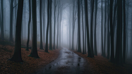 Naklejka premium Misty, Dense Forest with Tall, Slender Trees and Ground Covered in Fallen Leaves, Evoking Mystery and Solitude, Serene Nature Scene, Foggy Woodland, Tranquil Forest Path, Enchanted Landscape