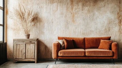 A stylish terra cotta velvet sofa sits near a wooden cabinet against a textured stucco wall, creating a minimalist and inviting space.