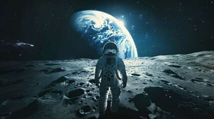 Astronaut on Lunar Surface Gazing at Earth