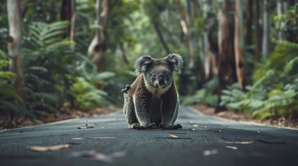 A mother koala prepares to cross a narrow road encircled by lush vegetation while her youngling is carried on her back