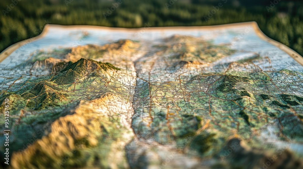Poster a road map with a highlighted route and scenic stops, emphasizing the adventure and exploration of a