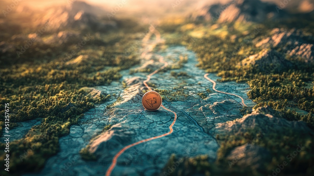 Poster a road map with a highlighted route and scenic stops, emphasizing the adventure and exploration of a