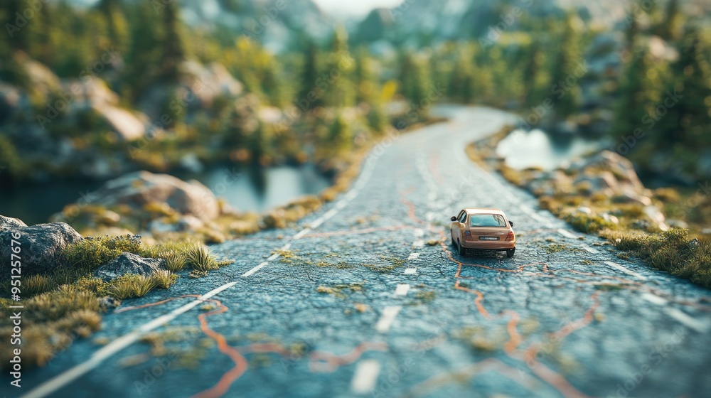 Poster a road map with a highlighted route and scenic stops, emphasizing the adventure and exploration of a