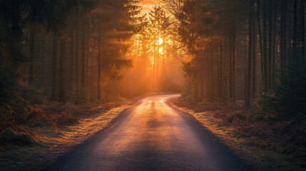 Obraz premium A road leading through a forest at sunset, with the sunlight filtering through the trees and casting a warm glow on the ground.