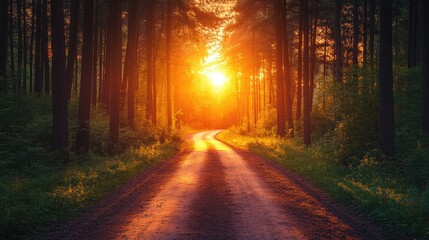Fototapeta premium A road leading through a forest at sunset, with the sunlight filtering through the trees and casting a warm glow on the ground.