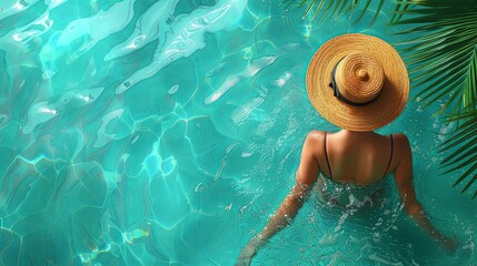 Girl on swimming mattress in the pool. Summer cartoon illustration for poster, card, background, discount flyer