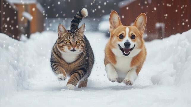 funny friends a corgi dog and a striped cat run through the white snow in the winter garden.