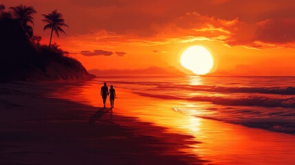 A romantic beach sunset with a silhouette of a couple walking along the shore. Spacious scene with room for text.