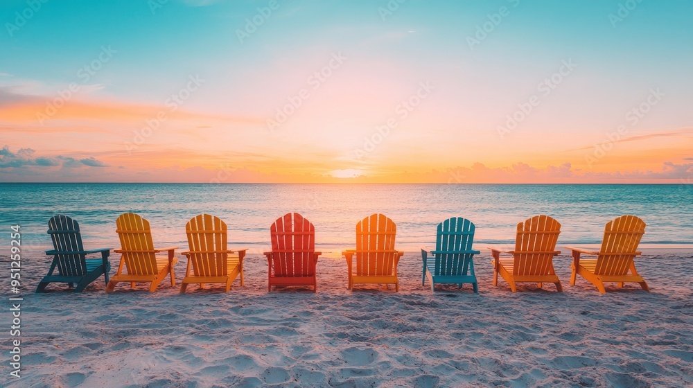 Poster a row of colorful beach chairs facing the ocean at sunset, creating a peaceful and inviting summer s