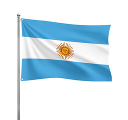 Argentina flag waving in the wind on a silver pole, isolated on transparent background