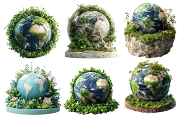 Eco themed globe designs with nature elements isolated on transparent background