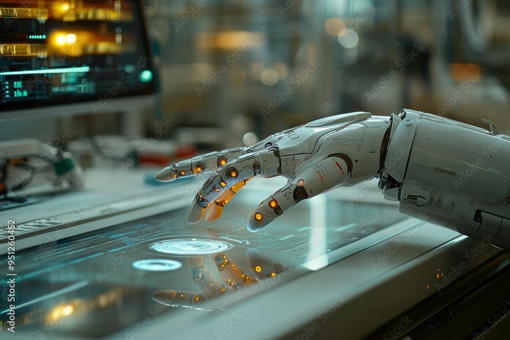 Poster a robotic hand interacting with a futuristic touchscreen interface.