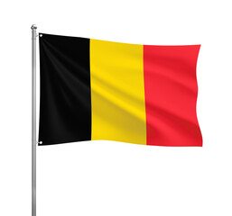 Belgium flag waving in the wind on a silver pole, isolated on transparent background