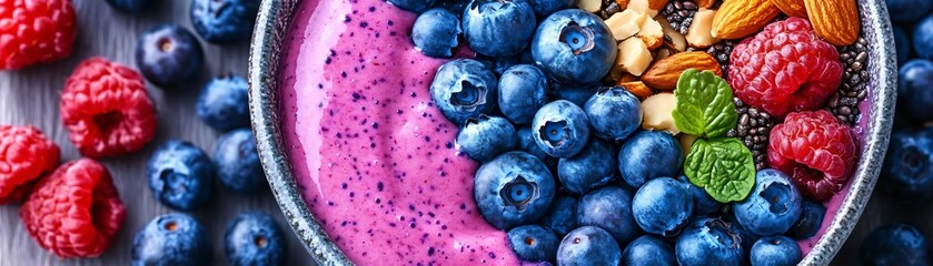 Obraz premium A vibrant smoothie bowl topped with fresh blueberries, raspberries, almonds, and mint, perfect for a healthy breakfast or snack.