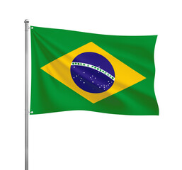 Brazil flag waving in the wind on a silver pole, isolated on transparent background