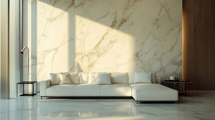 Cozy white sofa paired with a marble stone wall in a contemporary living room, showcasing minimalist interior design.