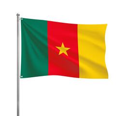 Cameroon flag waving in the wind on a silver pole, isolated on transparent background
