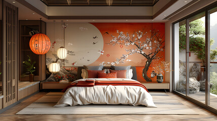  a modern and luxurious bedroom with a large window on the right side