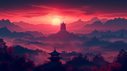 Fototapeta premium Great Wall of China travel destination vibrant landscape with mountains pagodas and sunrise