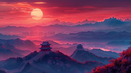 Fototapeta premium Great Wall of China travel destination vibrant landscape with mountains pagodas and sunrise