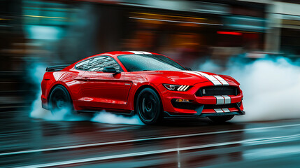 A premium sports car performing high-speed donuts with thick smoke from spinning wheels on a busy Houston street.