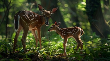 A newborn fawn in a peaceful lush forest setting standing close to an adult deer