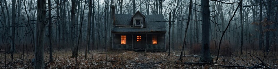 A haunting and isolated house in a desolate wilderness, serving as a gateway to a sinister realm reminiscent of classic horror films.