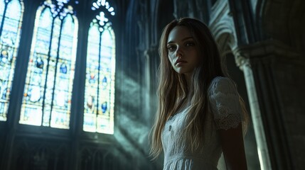 Fototapeta premium A Woman in a White Dress in a Gothic Cathedral