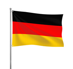 Germany flag waving in the wind on a silver pole, isolated on transparent background