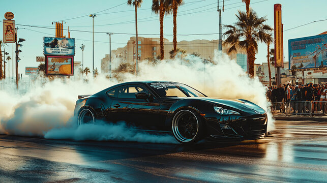 Black sports car making donuts in the middle of a crowded Las Vegas strip, surrounded by tall palm trees and bright lights.